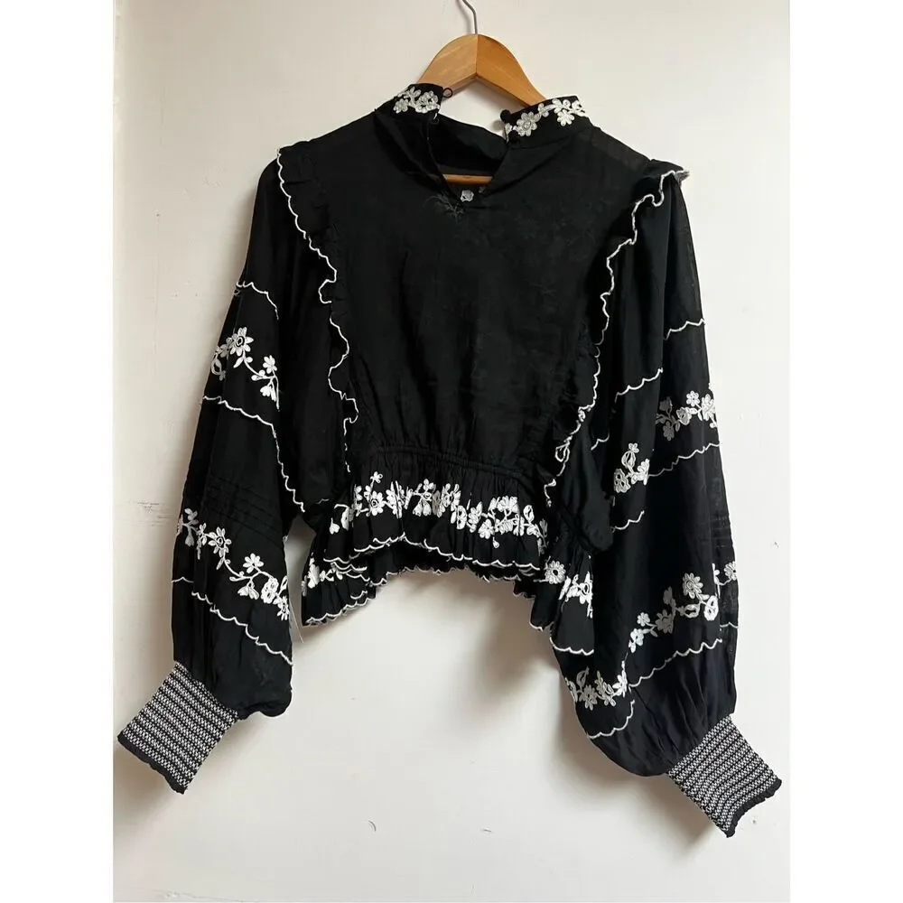 Farm Rio Women's Black White Embroidered Ruffle Long Sleeve Blouse Small NWOT